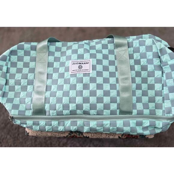 New-ZUOMANNI Checkered Mint & Gray Travel Duffel – Weekender/Gym Bag - Picture 1 of 10